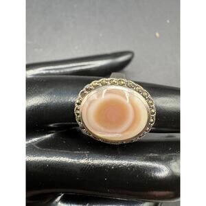 Vintage Sterling SIlver 925 Native American Agate Marcasite Ring Sz 7.25